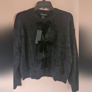 Rachel Zoe Black Faux-Fur Velvet Bow-Front Cardigan Medium BNWT
